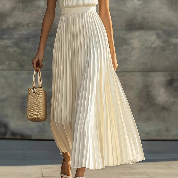 Elegant, Casual And Comfortable Cream-colored Chiffon Pleated Maxi Dress