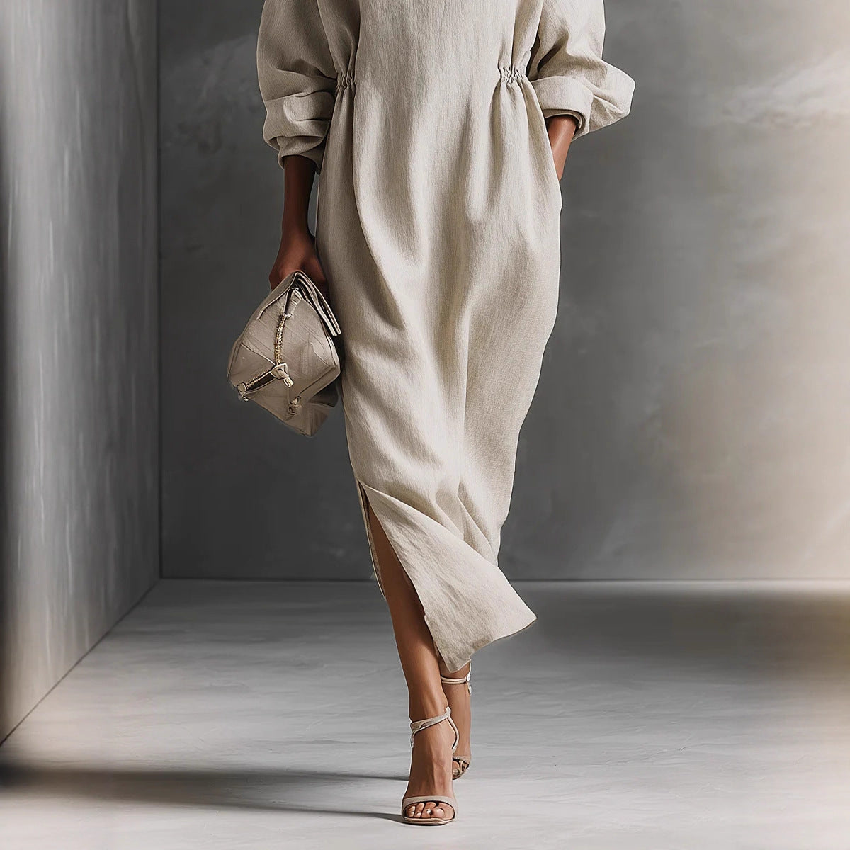 Pleated Maxi Dress with Lapel Detail