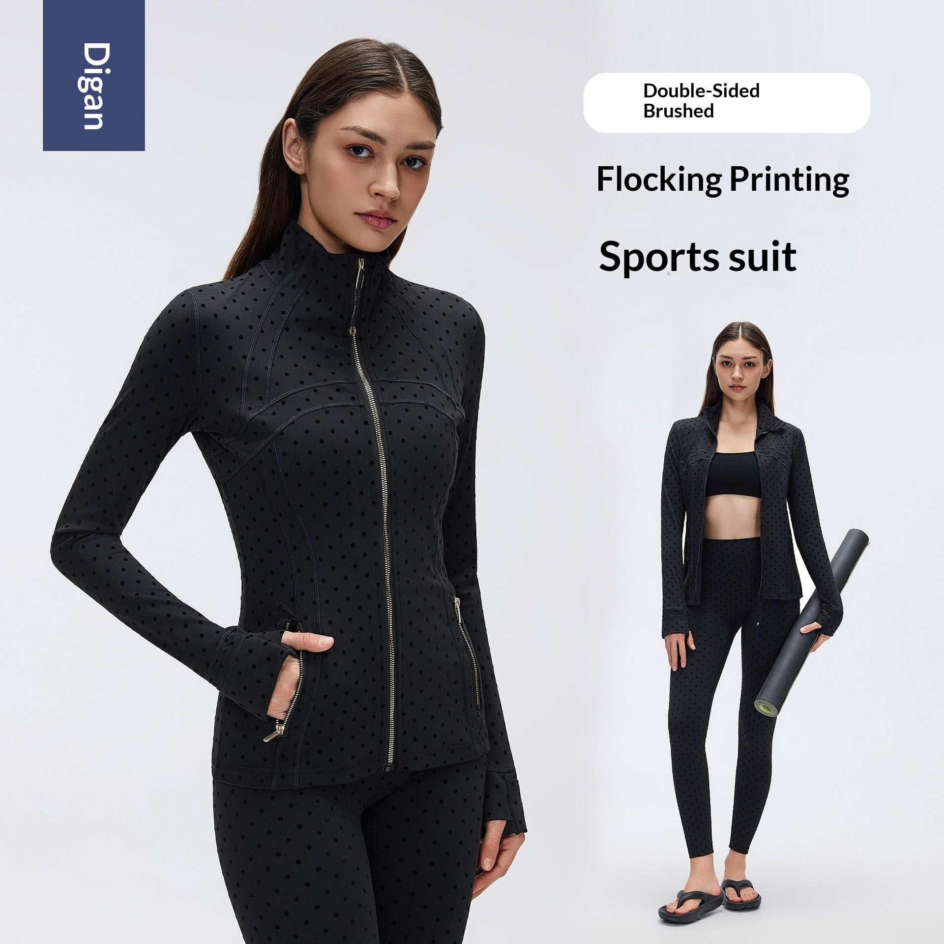 Black Polka-Dot Yoga Leggings And Stand-Up Collar Jacket A Slimming, Figure-Hugging Sportswear Set