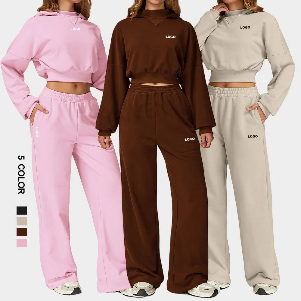 Women's Cropped Hooded Fitness Sweatshirt, Jogging Sweatpants & Gym Top, or Sportswear Running 2-Piece Set