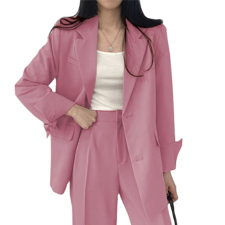 Women Tops+pant Spring Autumn Suit Coat Jacket 2 Piece Set Office Fashion Korean Casual Plain Color Long Sleeve Casual Suits