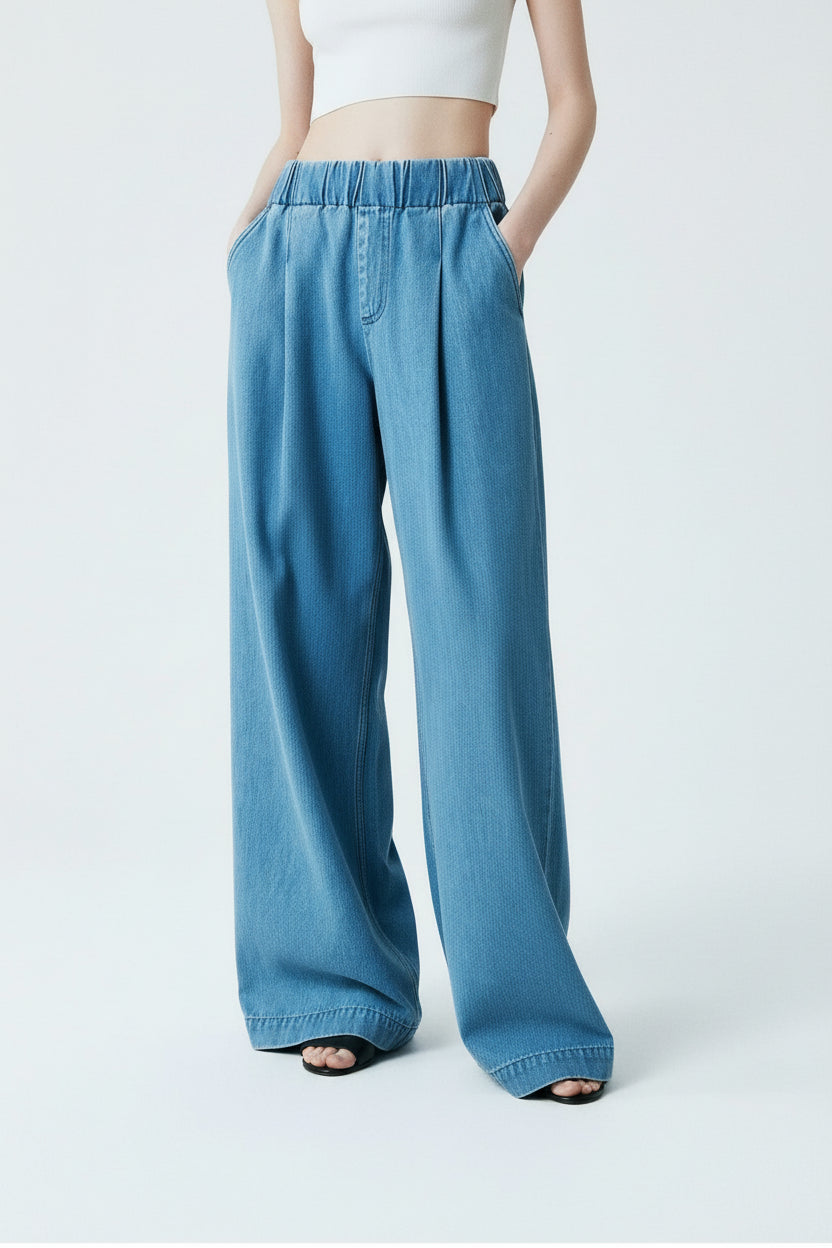 OUDINA New Stylish Casual Soft Drawstring Elastic Waist Baggy Wide Leg Denim Pants Jeans for Women