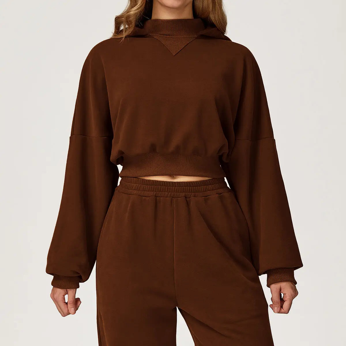 Women's Cropped Hooded Fitness Sweatshirt, Jogging Sweatpants & Gym Top, or Sportswear Running 2-Piece Set