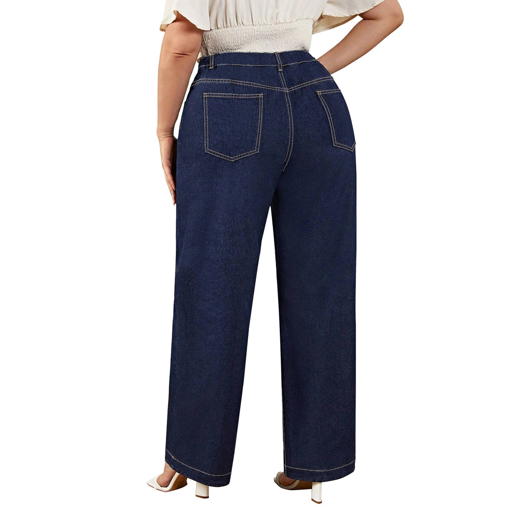 Dark Blue Casual Loose Wide Leg Straight Fit Jeans for Plus Size Women