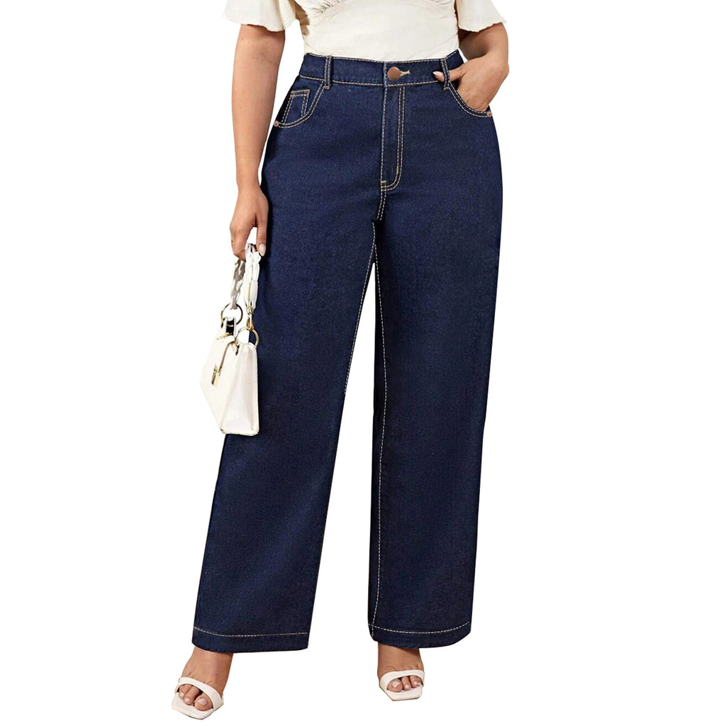 Dark Blue Casual Loose Wide Leg Straight Fit Jeans for Plus Size Women