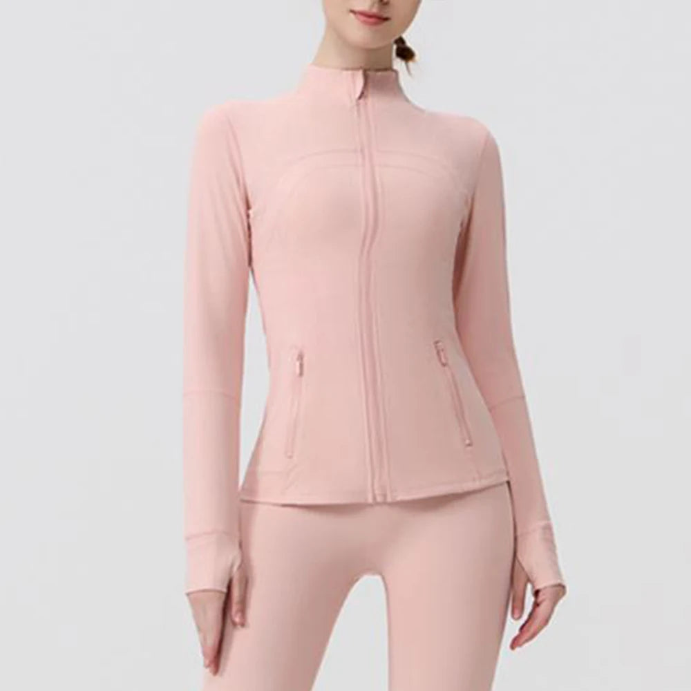 Gold Zipper Women Seamless Breathable Nylon Spandex Workout Yoga Jackets Quick Dry Stand Neck  Gym Jacket