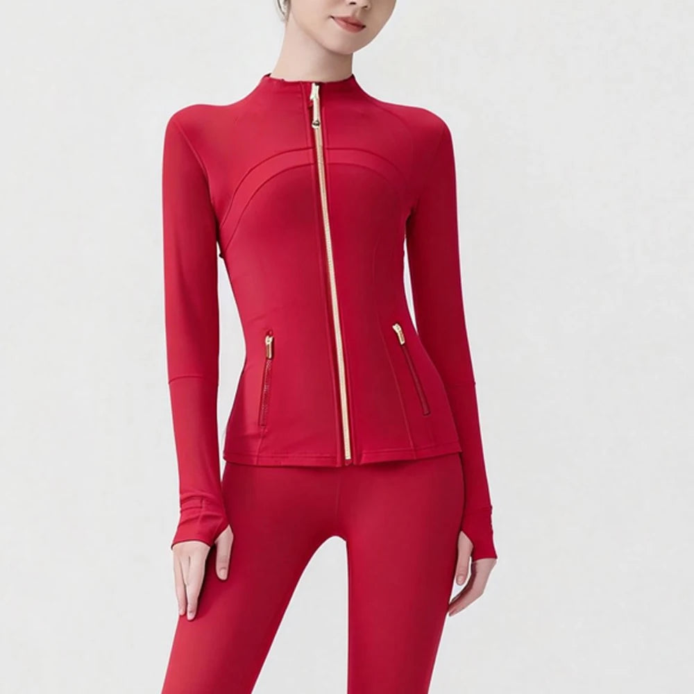 Gold Zipper Women Seamless Breathable Nylon Spandex Workout Yoga Jackets Quick Dry Stand Neck  Gym Jacket