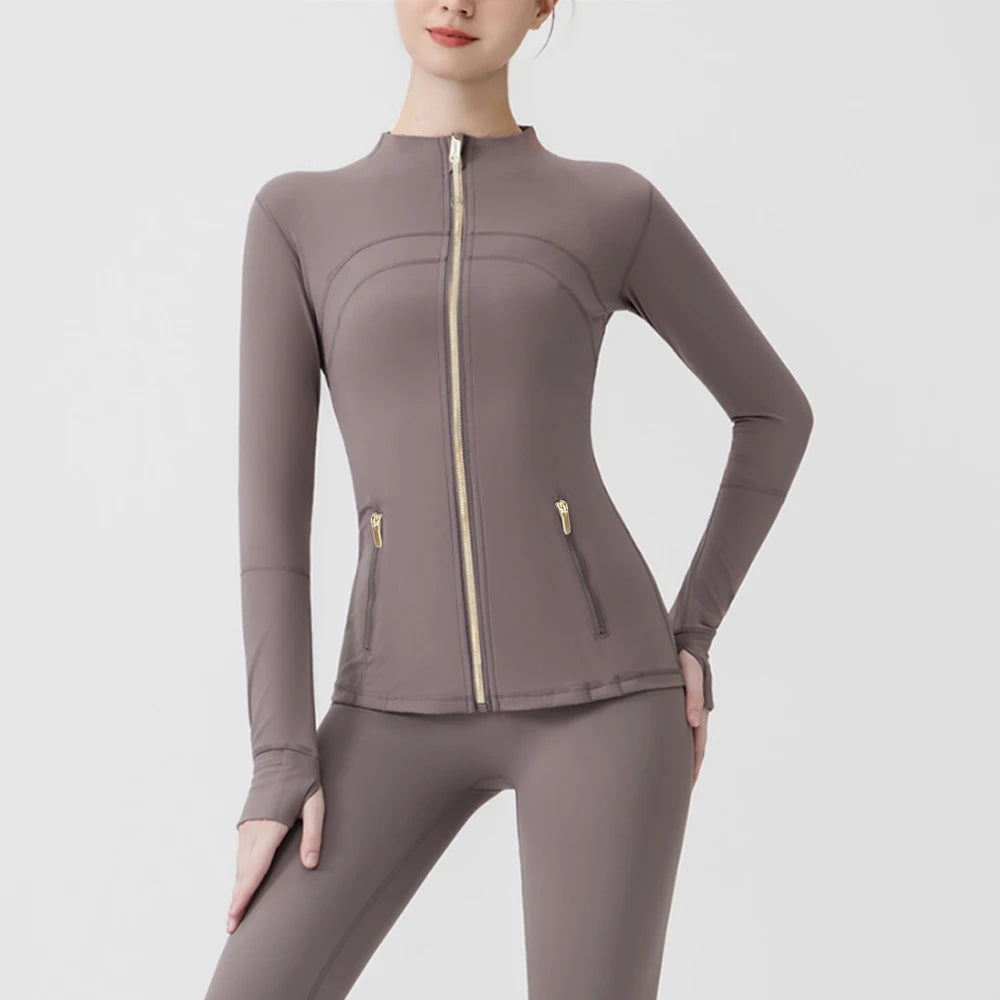 Gold Zipper Women Seamless Breathable Nylon Spandex Workout Yoga Jackets Quick Dry Stand Neck  Gym Jacket