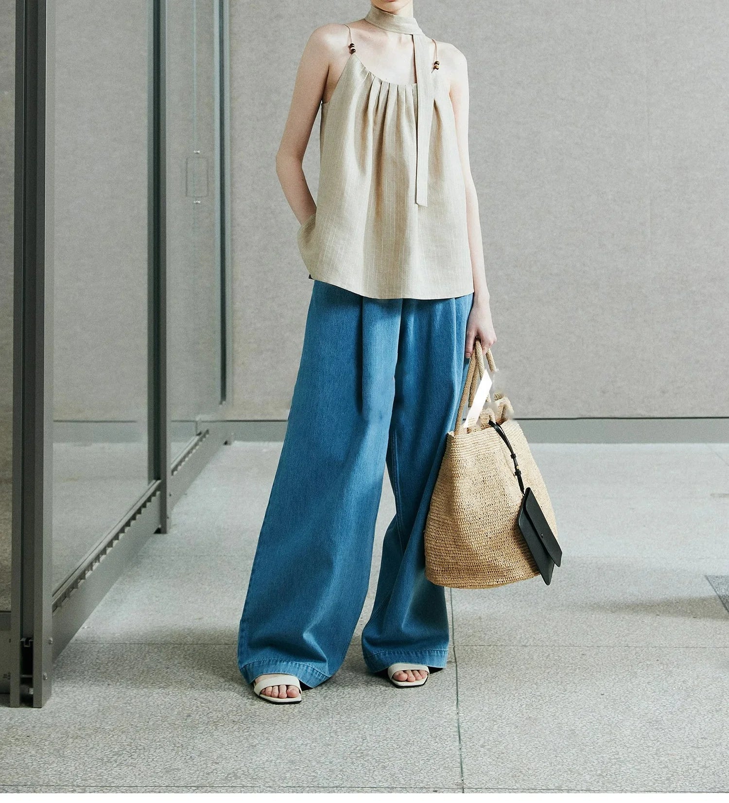 OUDINA New Stylish Casual Soft Drawstring Elastic Waist Baggy Wide Leg Denim Pants Jeans for Women