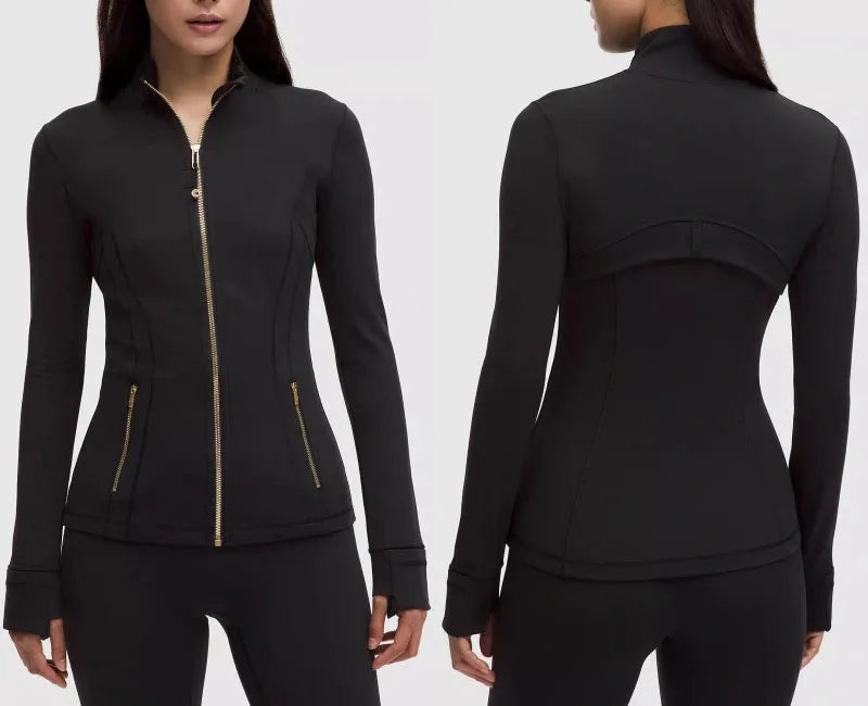 Gold Zipper Women Seamless Breathable Nylon Spandex Workout Yoga Jackets Quick Dry Stand Neck  Gym Jacket