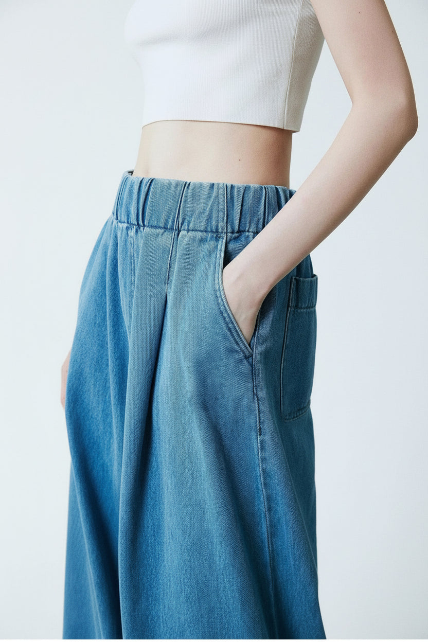 OUDINA New Stylish Casual Soft Drawstring Elastic Waist Baggy Wide Leg Denim Pants Jeans for Women