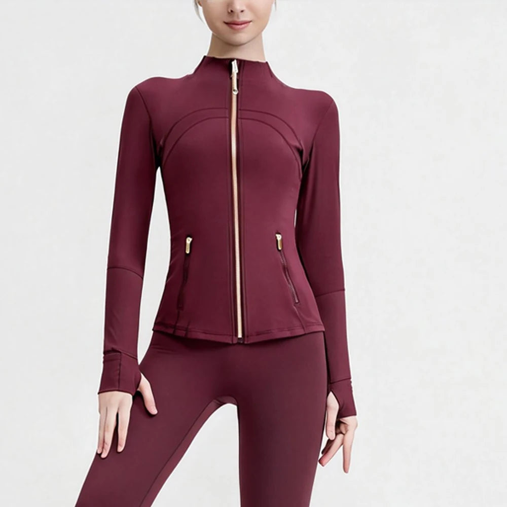 Gold Zipper Women Seamless Breathable Nylon Spandex Workout Yoga Jackets Quick Dry Stand Neck  Gym Jacket