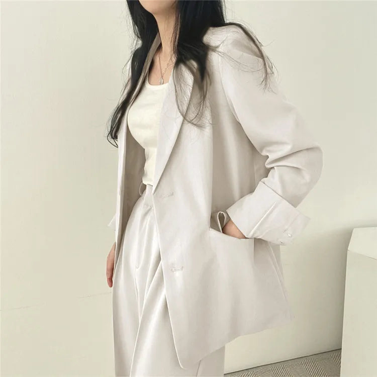 Women Tops+pant Spring Autumn Suit Coat Jacket 2 Piece Set Office Fashion Korean Casual Plain Color Long Sleeve Casual Suits