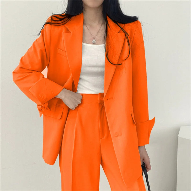 Women Tops+pant Spring Autumn Suit Coat Jacket 2 Piece Set Office Fashion Korean Casual Plain Color Long Sleeve Casual Suits