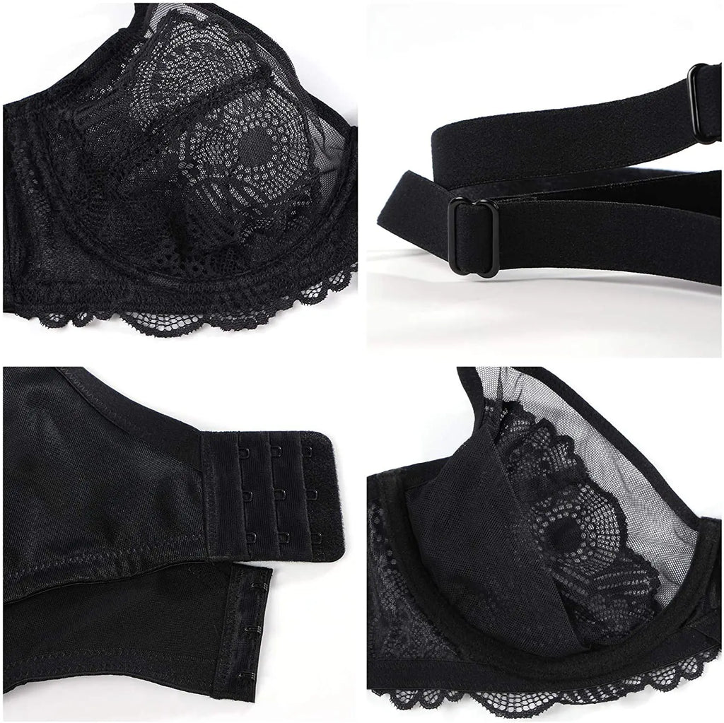 2025 New Styles Plus Size Full Figure Underwire Lace Embroidery Frontless Backless Net Lace Bra Panty for Female