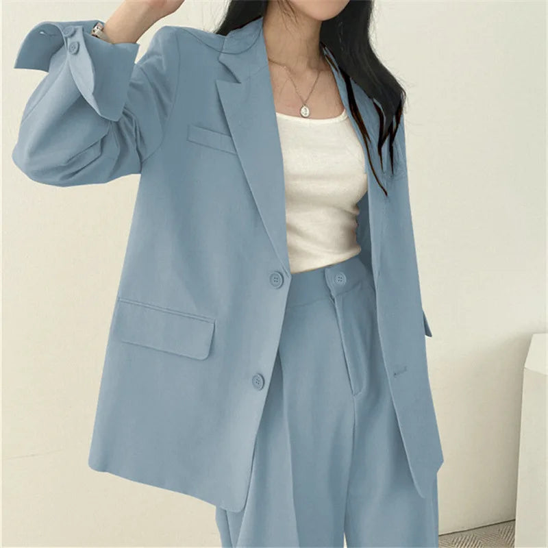 Women Tops+pant Spring Autumn Suit Coat Jacket 2 Piece Set Office Fashion Korean Casual Plain Color Long Sleeve Casual Suits