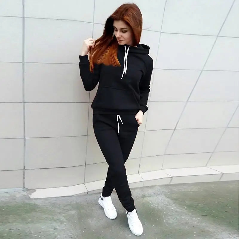 Hot Sale Fashion Women 2 Piece Set Hooded Tops + Pants Solid Winter Fleece Tracksuit Sweatshirt Sweater Hoodies Suits
