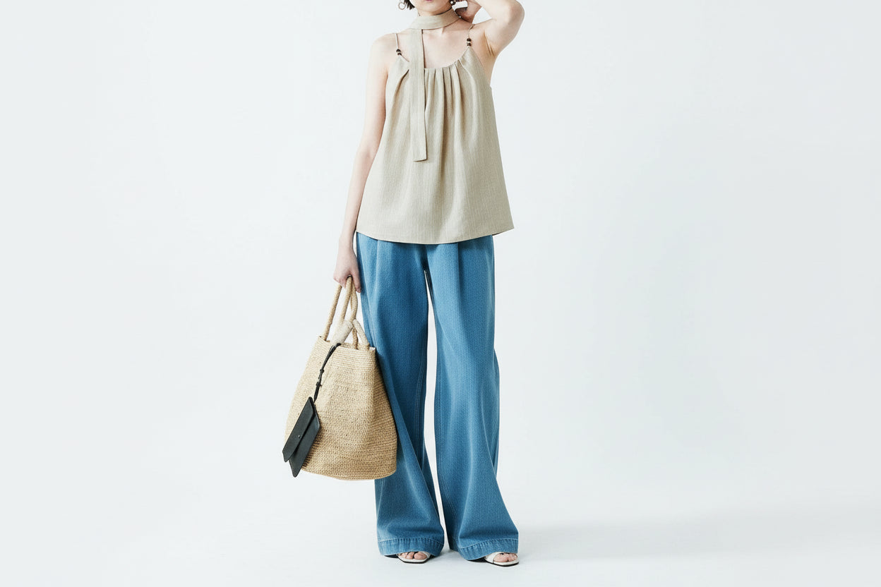 OUDINA New Stylish Casual Soft Drawstring Elastic Waist Baggy Wide Leg Denim Pants Jeans for Women