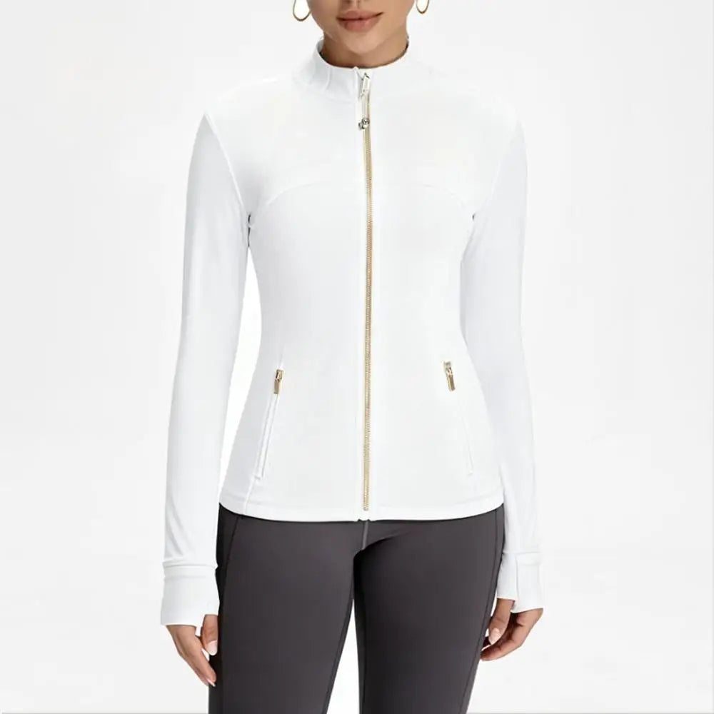 Gold Zipper Women Seamless Breathable Nylon Spandex Workout Yoga Jackets Quick Dry Stand Neck  Gym Jacket