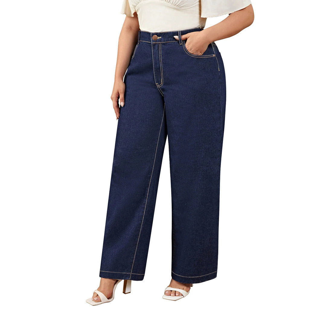 Dark Blue Casual Loose Wide Leg Straight Fit Jeans for Plus Size Women