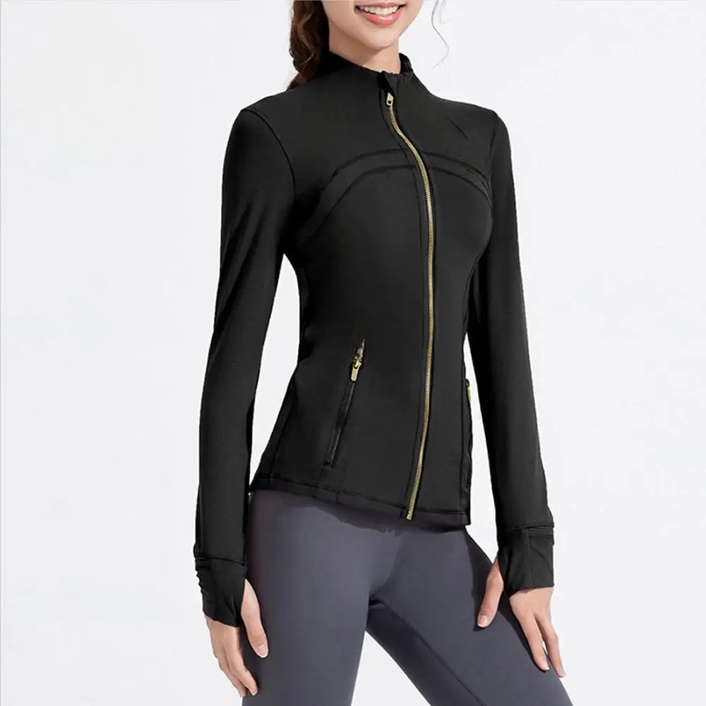 Gold Zipper Women Seamless Breathable Nylon Spandex Workout Yoga Jackets Quick Dry Stand Neck  Gym Jacket