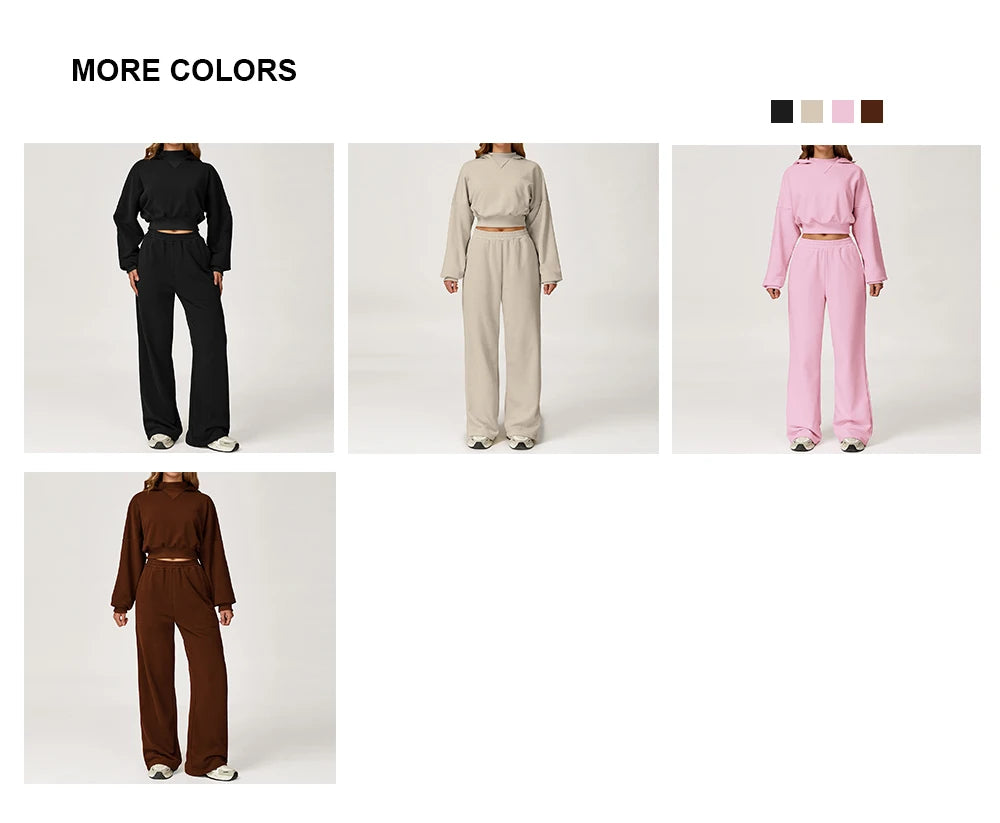 Women's Cropped Hooded Fitness Sweatshirt, Jogging Sweatpants & Gym Top, or Sportswear Running 2-Piece Set