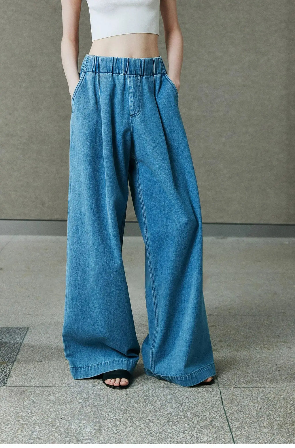 OUDINA New Stylish Casual Soft Drawstring Elastic Waist Baggy Wide Leg Denim Pants Jeans for Women