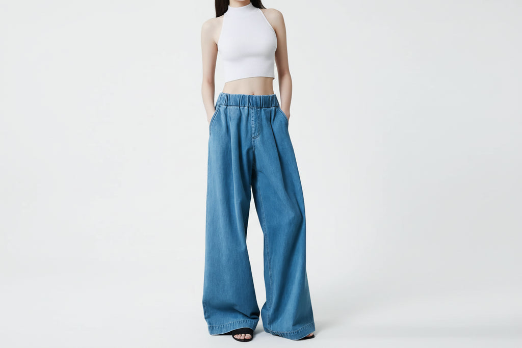 OUDINA New Stylish Casual Soft Drawstring Elastic Waist Baggy Wide Leg Denim Pants Jeans for Women