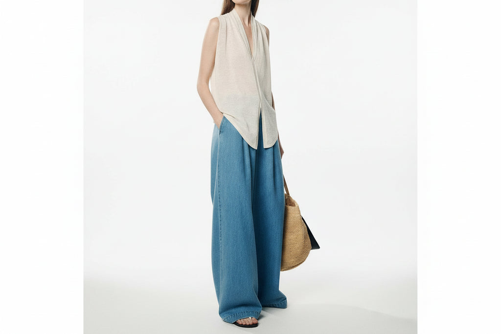 OUDINA New Stylish Casual Soft Drawstring Elastic Waist Baggy Wide Leg Denim Pants Jeans for Women