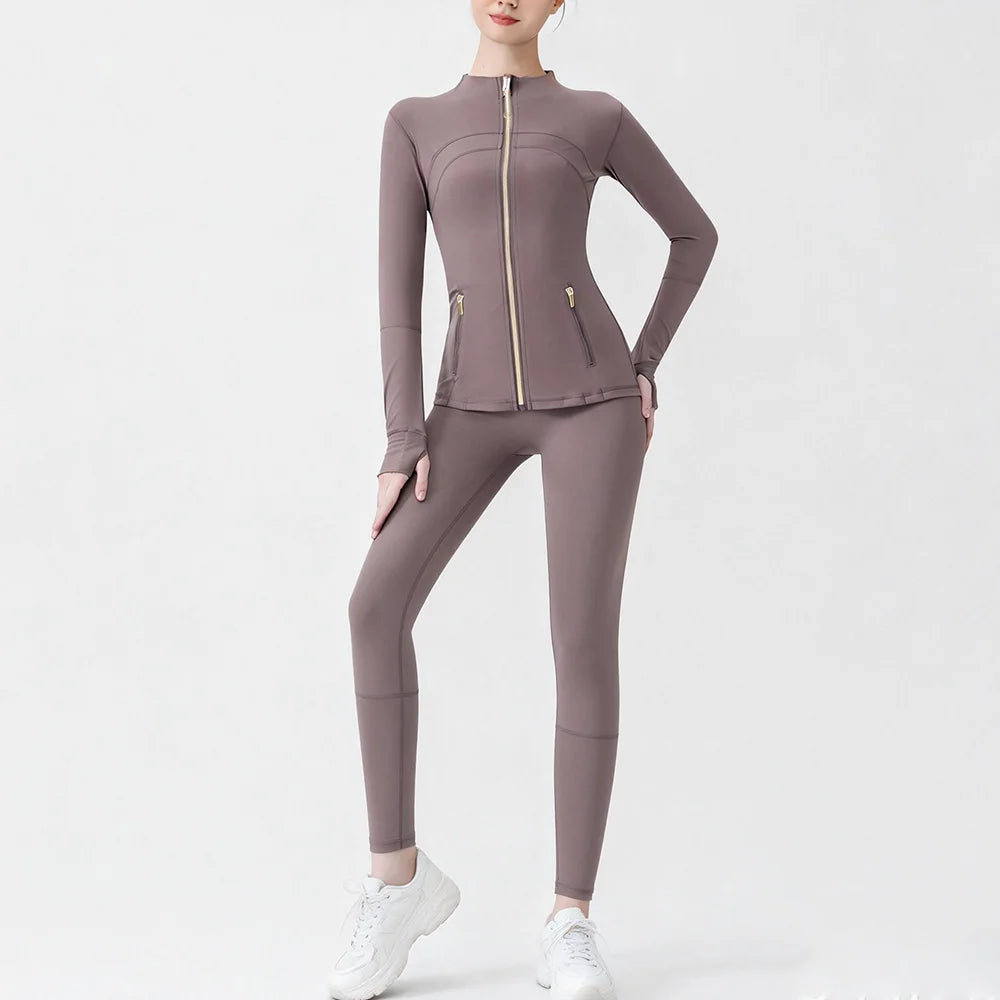 Breathable Seamless Quick Dry Plus Size Outdoor Sportswear Windproof Women Gym Yoga Jacket Set