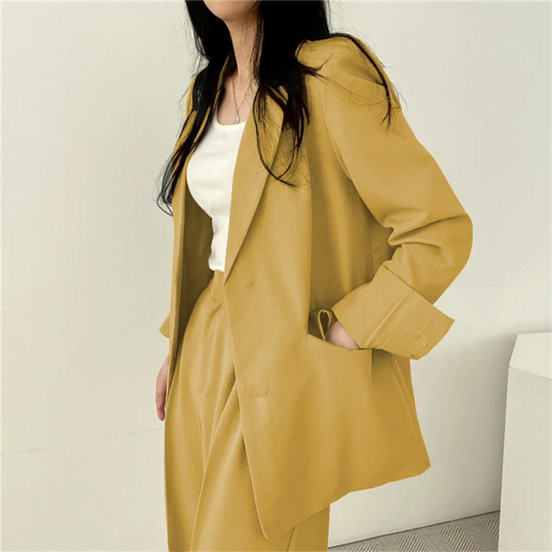 Women Tops+pant Spring Autumn Suit Coat Jacket 2 Piece Set Office Fashion Korean Casual Plain Color Long Sleeve Casual Suits