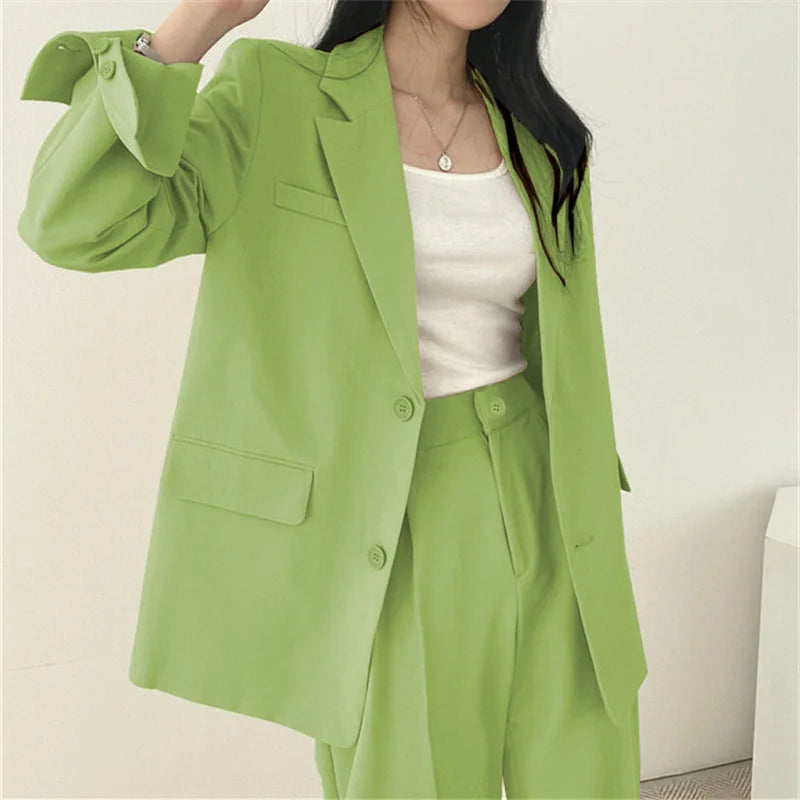 Women Tops+pant Spring Autumn Suit Coat Jacket 2 Piece Set Office Fashion Korean Casual Plain Color Long Sleeve Casual Suits