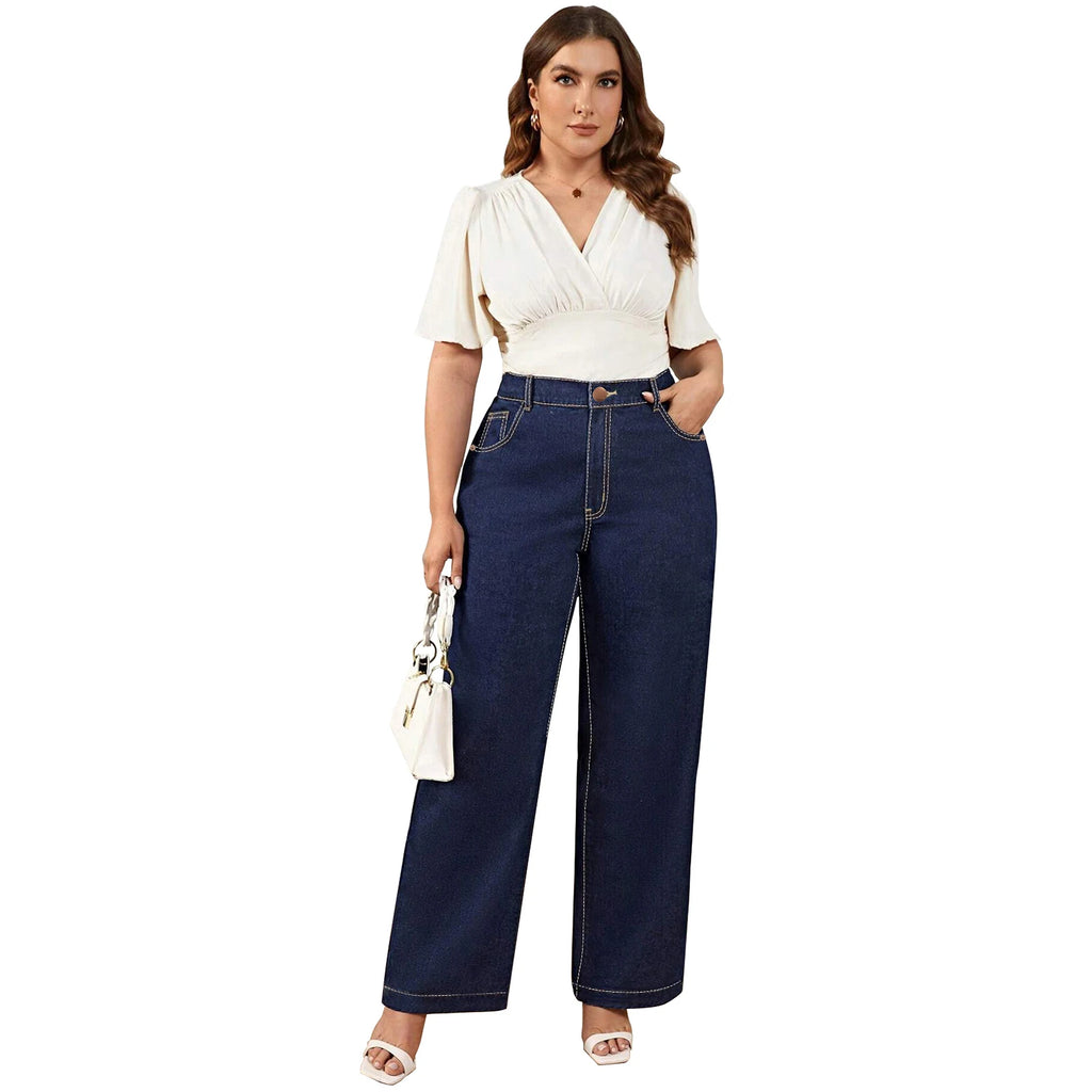 Dark Blue Casual Loose Wide Leg Straight Fit Jeans for Plus Size Women