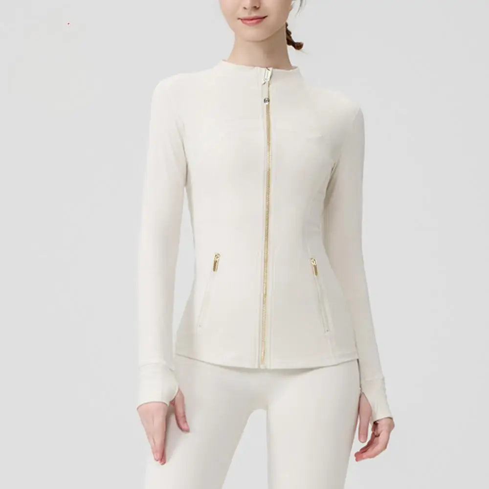 Gold Zipper Women Seamless Breathable Nylon Spandex Workout Yoga Jackets Quick Dry Stand Neck  Gym Jacket