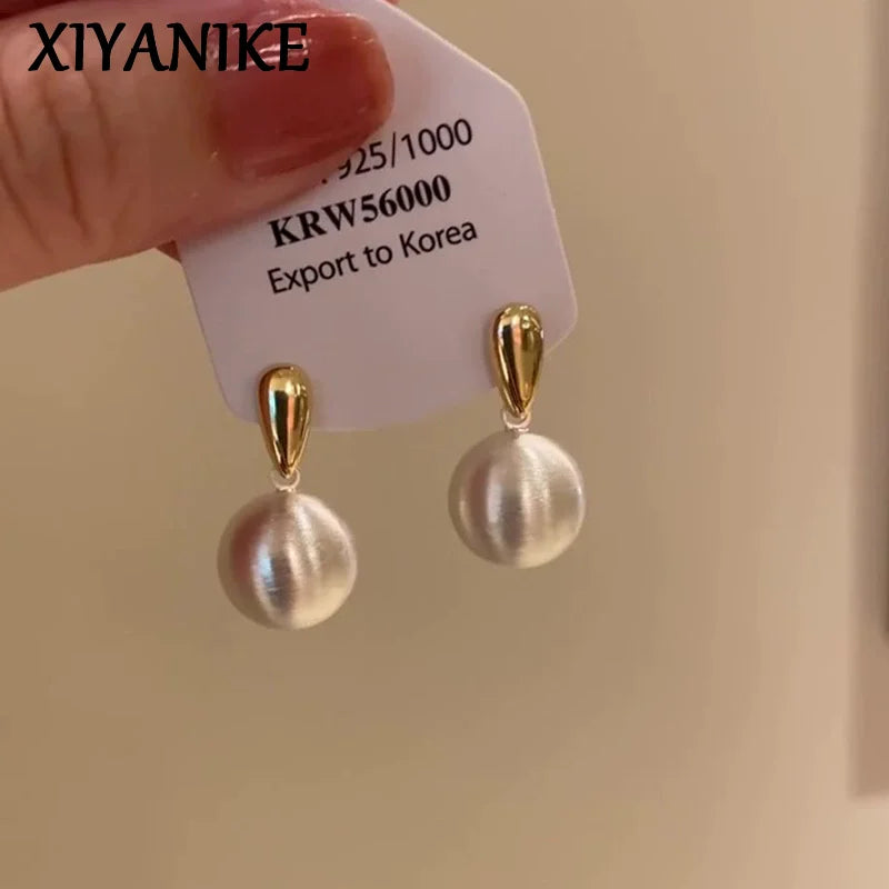 XIYANIKE Gold Silver Colour Contrasting Metal Brushed Ball Pendant Stud Earrings For Women Fashion New Jewelry Gift Party Rock