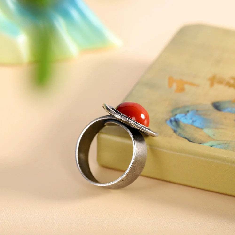 XIYANIK Ethnic Style Thai Silver Southern Red Adjustable Rings For Men Women Retro Fashion New Jewelry Gift Party anillos