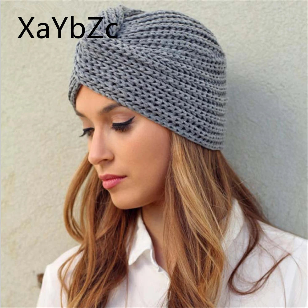 Women's Knitted Turban Hat Bohemia Cashmere Cross Wrap Head Lndian Wool Bonnet Turbante Cap