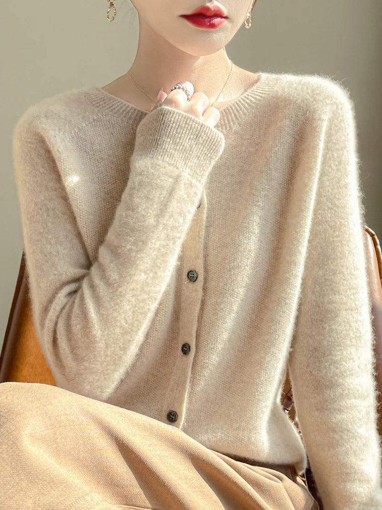 Women's Sweater Cardigans 100% Merino Wool Knitwear Raglan Sleeve Cashmere O-neck Solid Autumn Winter Casual Comfortable Tops