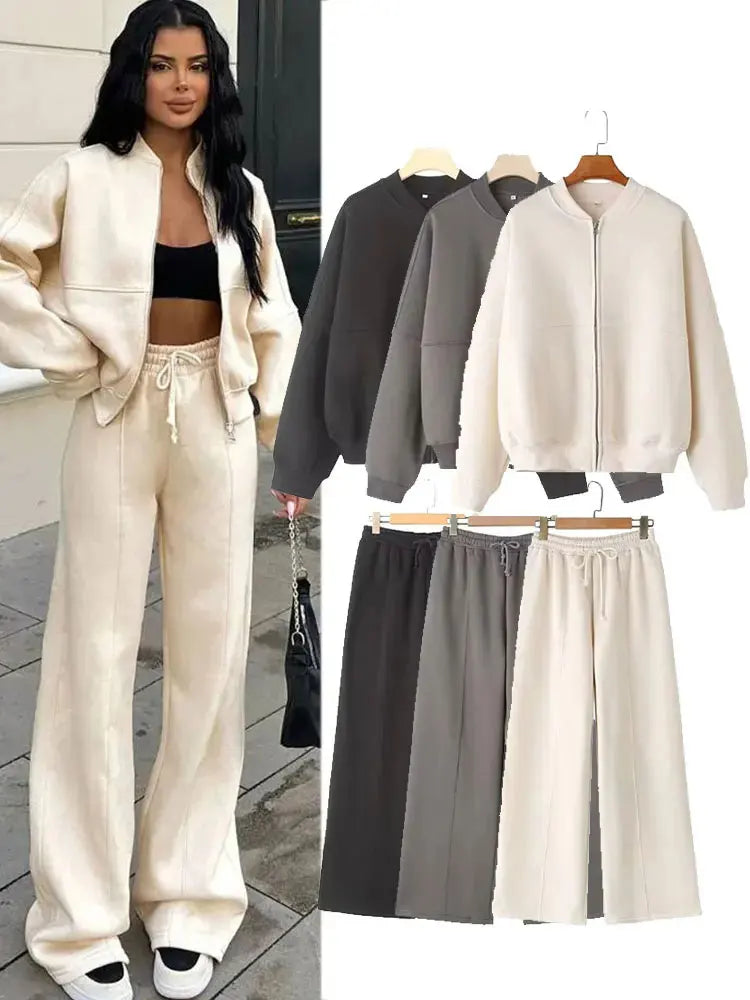 HH Women's 2-Piece Retro Solid Color Zip Bomber Jacket Sweatshirt+High Waist Lace Up Women's Wide Leg Pants Street Wear
