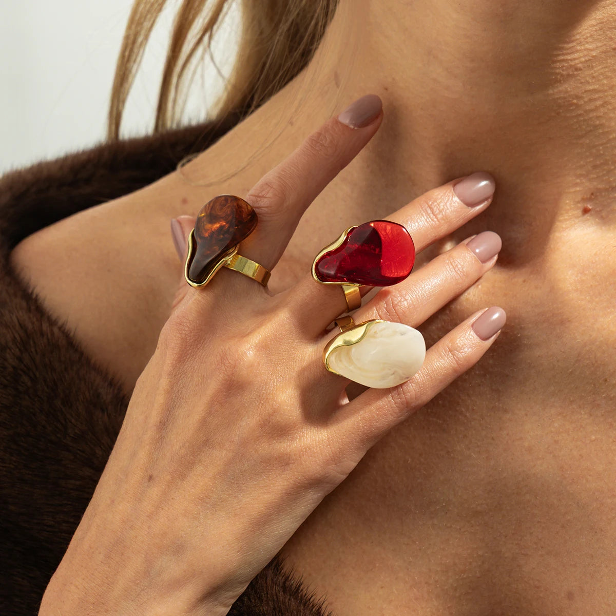 Ingemark 3 Colors Y2K Boho Resin Open Adjustable Rings for Women Wedding Vintage Geometric Knuckle Rings New Year Daily Jewelry