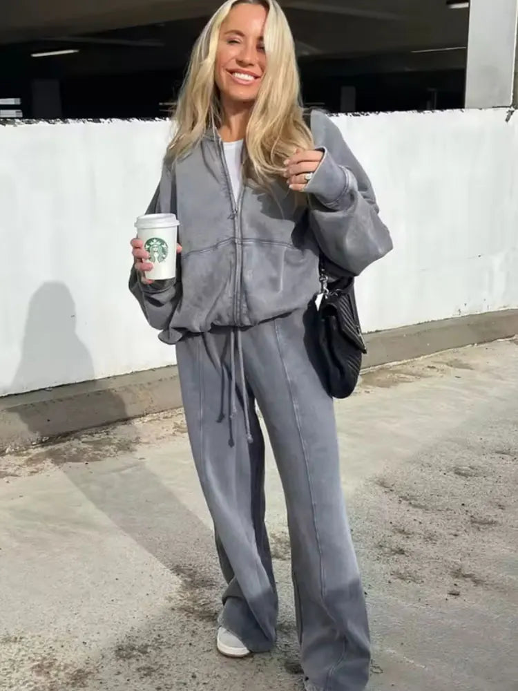 HH Women's 2-Piece Retro Solid Color Zip Bomber Jacket Sweatshirt+High Waist Lace Up Women's Wide Leg Pants Street Wear