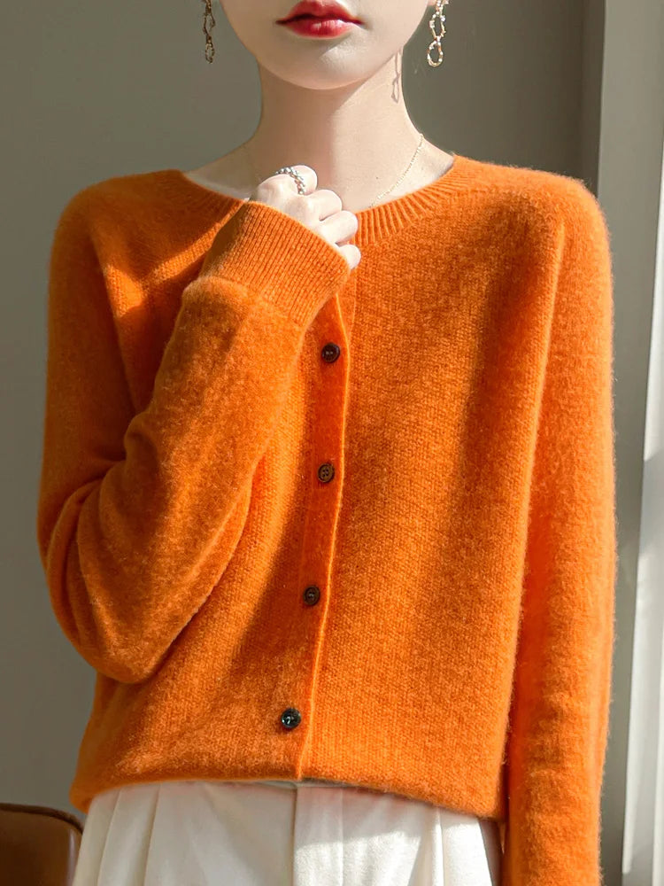 Women's Sweater Cardigans 100% Merino Wool Knitwear Raglan Sleeve Cashmere O-neck Solid Autumn Winter Casual Comfortable Tops