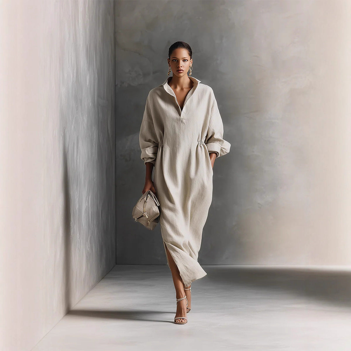 Pleated Maxi Dress with Lapel Detail