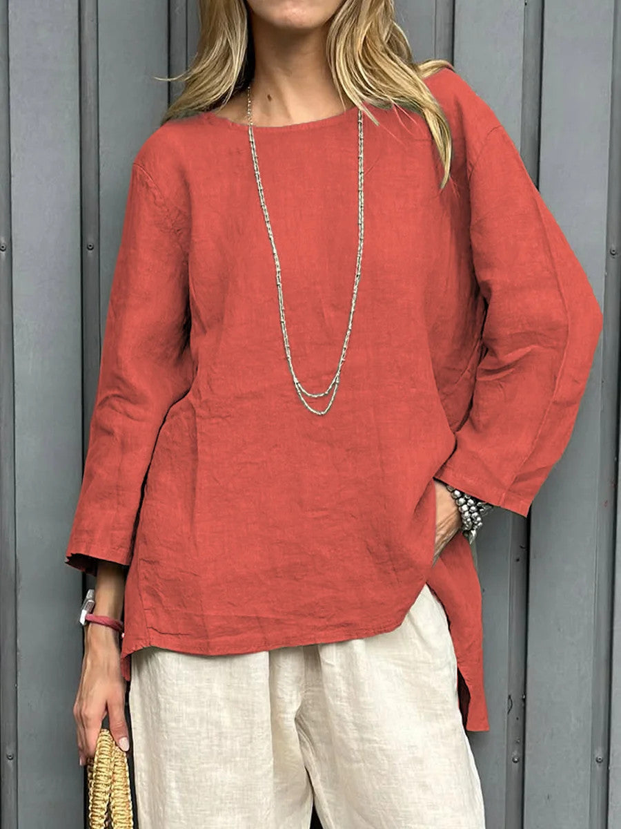 Vintage Cotton-Linen Crew-Neck Long-Sleeve Fashion Blouse For Women