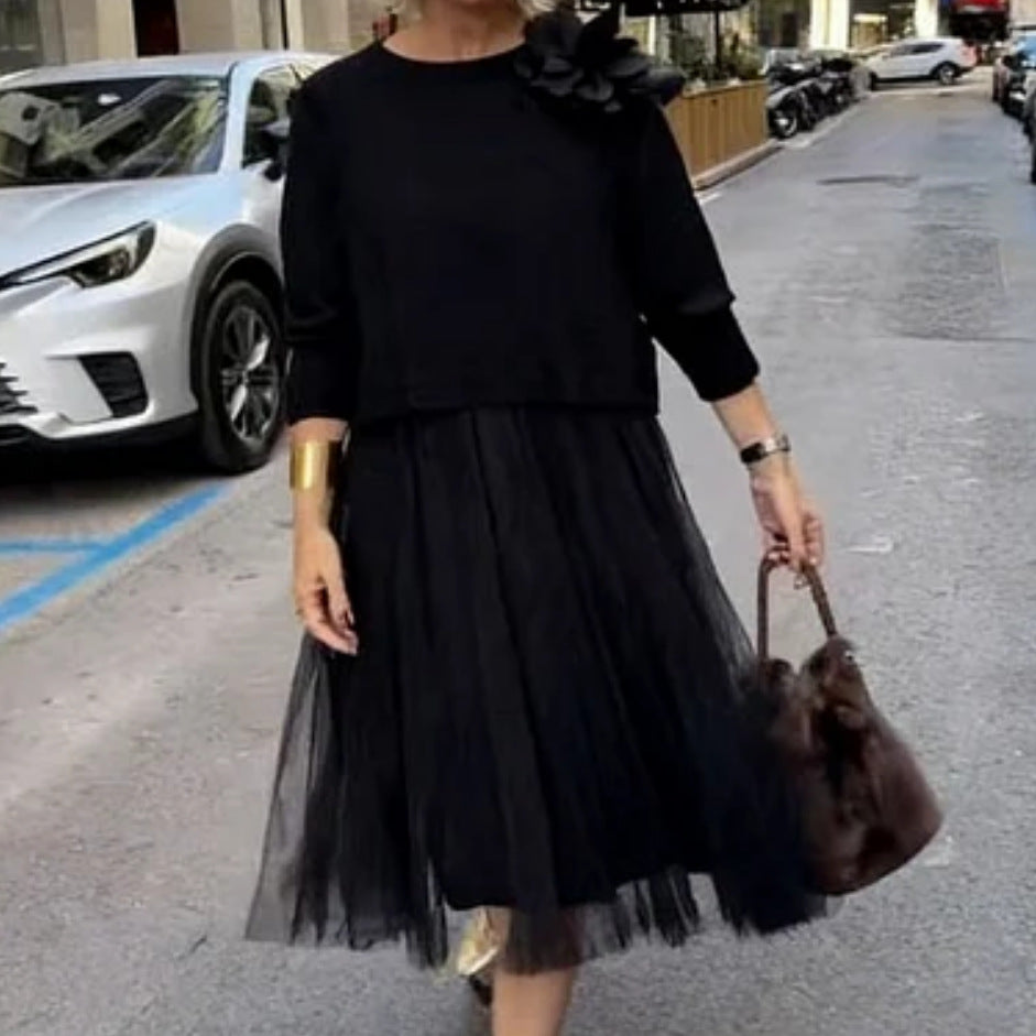 Knitted Round Neck Top Mesh Suspender Dress