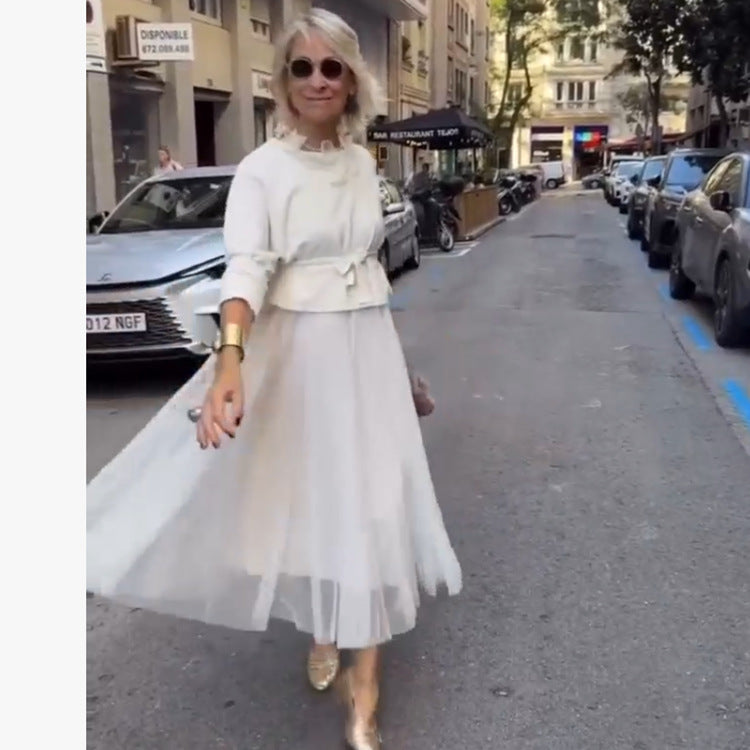 Knitted Round Neck Top Mesh Suspender Dress