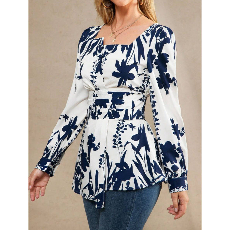 New Solid-color Square-neck Puffed-sleeve Asymmetrical Hem