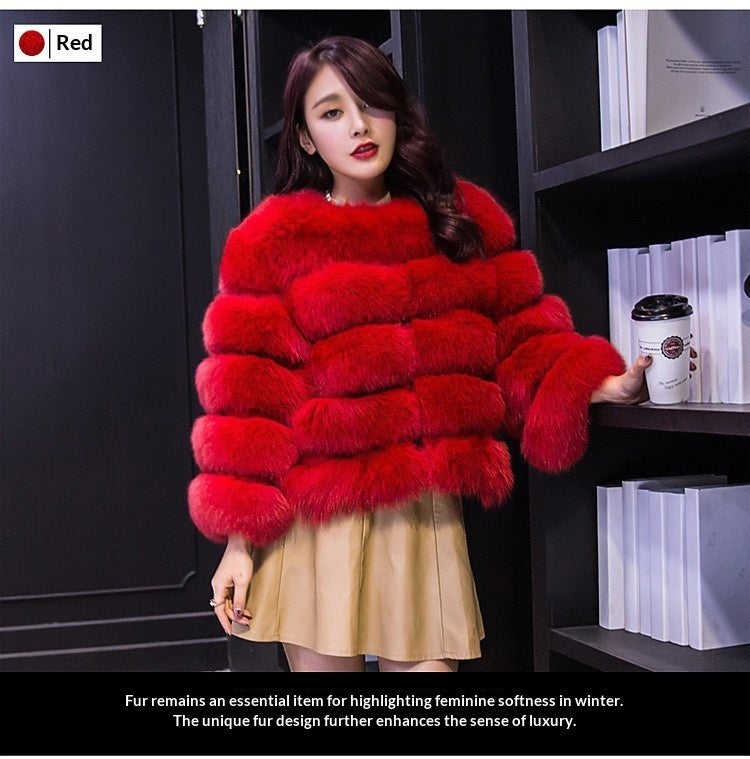 Faux Fox-fur Patchwork Winter Coat With Long Sleeves For Extra Warmth And Insulation