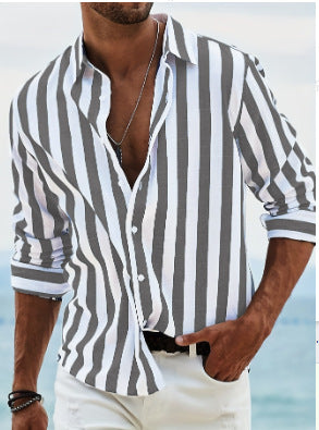 Mens Stylish Long-sleeve Striped Button-down Shirt
