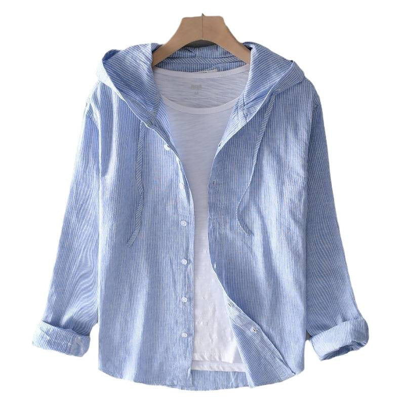 Hooded Long Sleeve Solid Color Shirt Loose Fit Stylish Cotton Linen